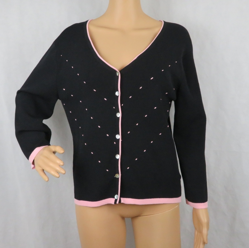 Finity Large Black Pink Cardigan Office Classic Cute Sweater Button Up Long